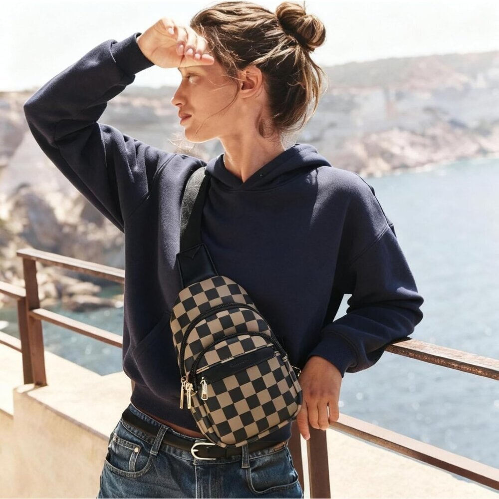 Women Checkered Coffee Imported Leather Small Crossbody Chest Sling Travel Bag - Picture 2 of 8